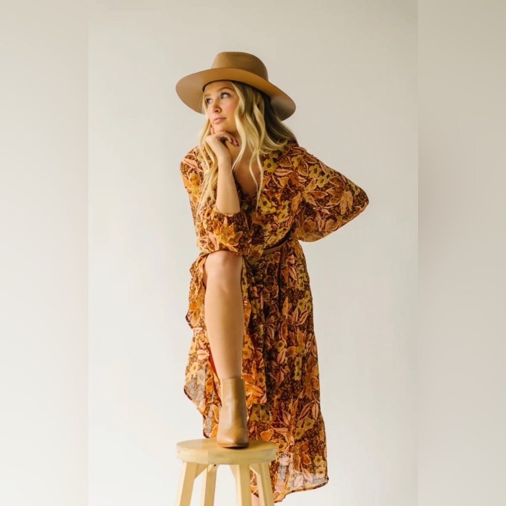 The Brunatti V-Neck Ruffle Dress in Apricot Floral - Picture 2 of 13